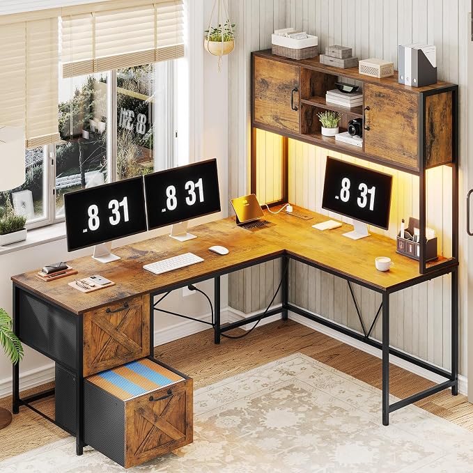 SEDETA L Shaped Desk with Drawers, 62.2" Home Office Desk with Fabric File Drawers and Power Outlet, L Shaped Desk with Hutch, Storage Shelves, LED Lights, Rustic Brown