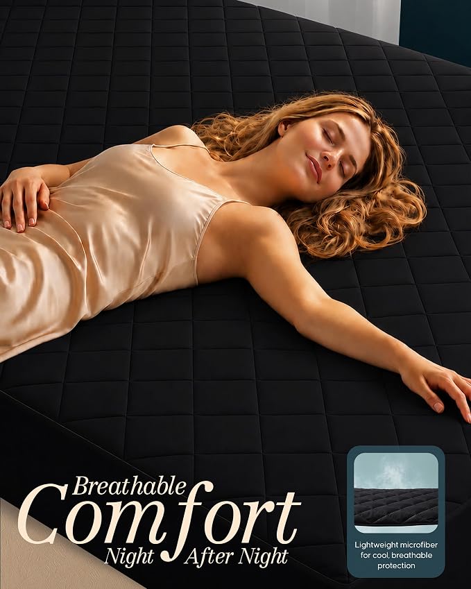 Quilted Fitted Mattress Pad, Queen Mattress Protector Topper with Deep Pocket Stretches up to 16 Inches, Machine Washable Mattress Cover by Utopia Bedding (Black)