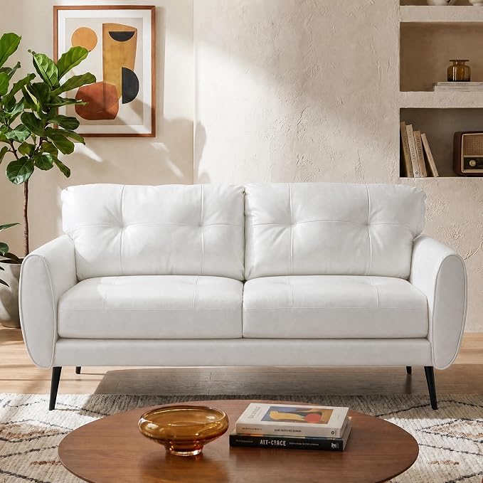TYBOATLE 61" Loveseat Couches for Living Room, White Faux Leather Couch Mid Century Modern Tufted Mini Sofa Comfy Office 2 Seat Settee Love Seat Small Couches for Small Spaces Bedroom, White