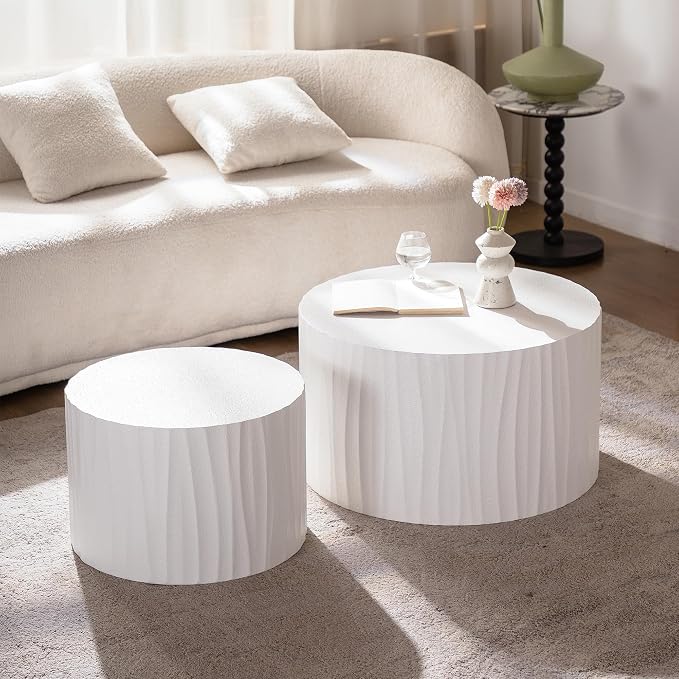 Nesting Round Coffee Table Set of 2, 26.77" (W) Circle Accent End Table with Water Ripple Pattern, Morden Drum Side Table, Wooden Center Table for Living Room, Fully Assembled - White