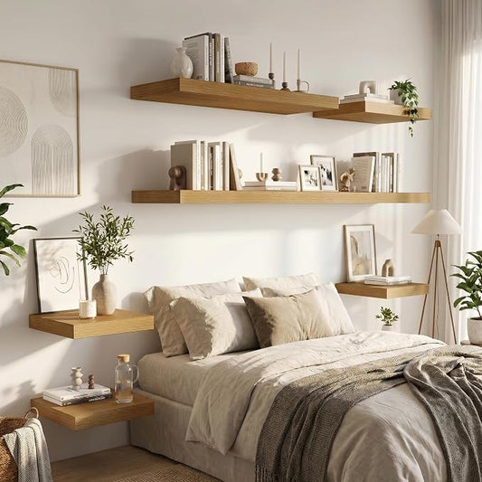 Vivelove 12 Inch Deep Floating Shelves 12 inch Long, 2 Inch Thick Wall Shelves with Invisible Brackets, Shelf for Bedroom Bathroom Living Room Kitchen Office Home Decor, Modern Shelf Set of 2, Oak