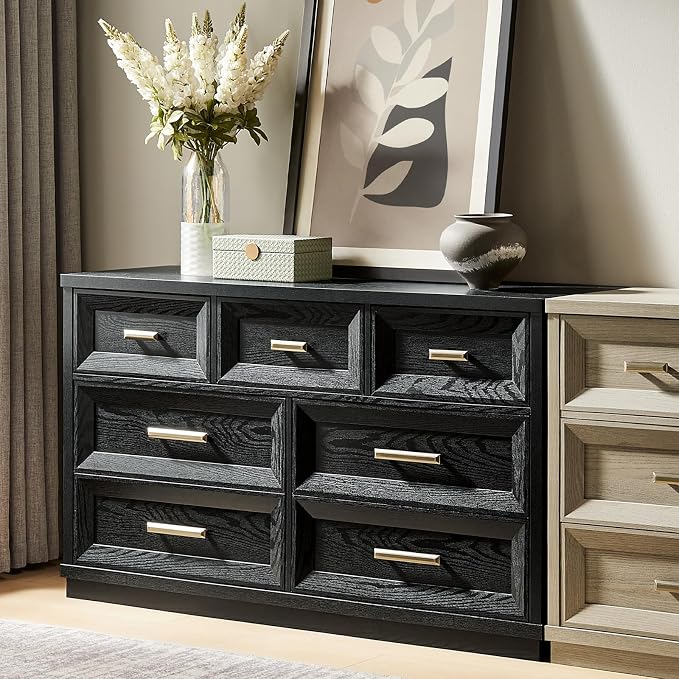 7 Drawer Dresser for Bedroom, 53.5" Wide Wooden Closet Organizers, Modern Oak Chest of Drawers with Metal Handle, Large Storage Dresser TV Stand for LivingRoom Office, Entryway (Black)