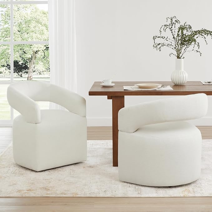 KISLOT Upholstered Dining Chairs Set of 4, Modern Rolling Dining Chairs with Hidden Casters, Arm Kitchen Chairs with Linen Look Fabric, Padded Barrel Chairs for Dining Room, Kitchen, Bedroom, Ivory