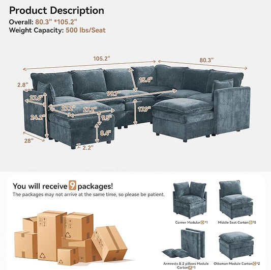 105" Blue Modular Storage Sofa, U Shaped Chenille Couch with 2 Ottomans | Oversized Convertible Sectional Sofa, 6-Seat Sectional Couch With 2 Ottomans, Large Cloud Couch For Living Room, Apartment.