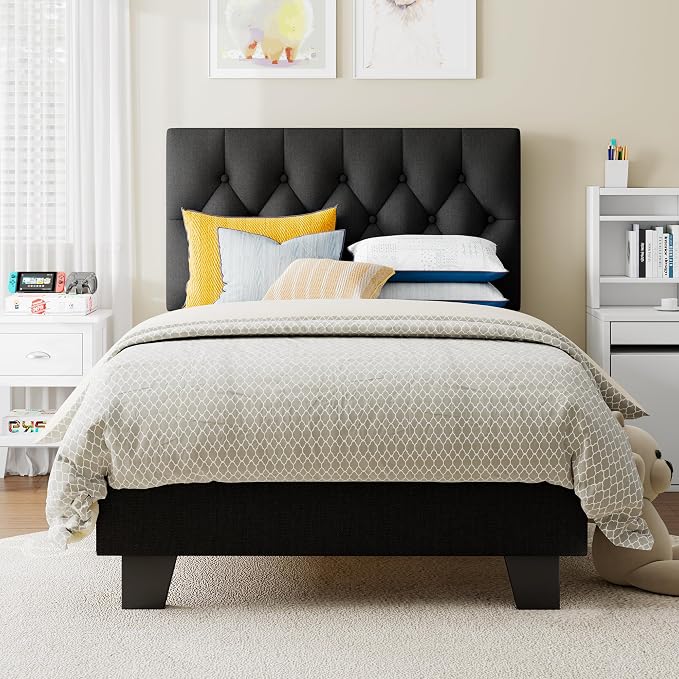 Einhomn Twin Upholstered Bed Frame with Headboard, Button Tufted Linen Bed Base, Platform Bed with Wood Slat, Heavy Duty, Easy Assembly, No Box Spring Needed,Black