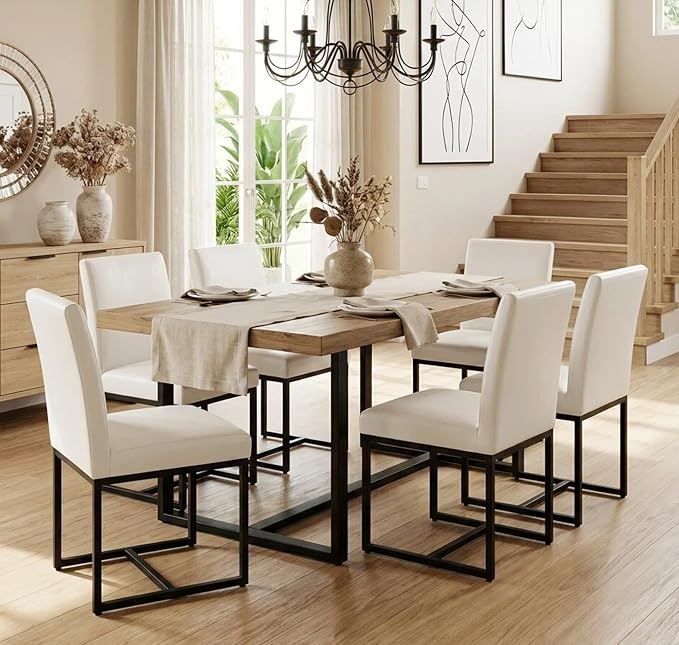 VESCASA Faux Leather Upholstered Dining Chairs with Black Metal Frame, Mid Century Modern Padded Kitchen Chair with Adjustable Foot Pads for Restaurant, Dining Room, Set of 4, White