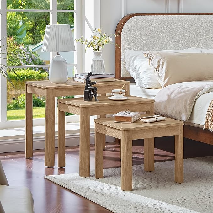 Joaxswe Farmhouse Nesting Tables Set of 3, Nesting Side Tables with Rounded Corners & 4 Thickened Table Legs, Natural Wood