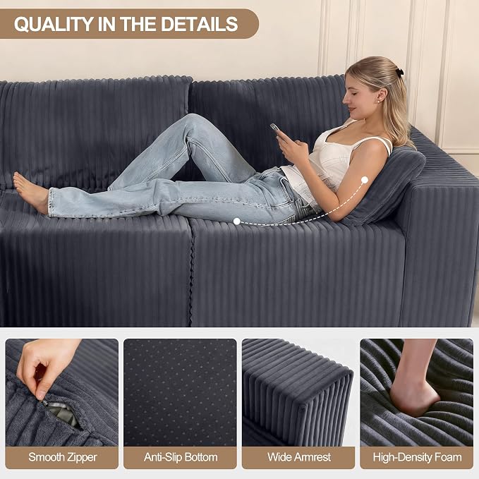 L Shaped Modular Boneless Sectional Couches for Living Room, Wide Armrest, Deep Seat, Memory Foam, Assembly Free, Modern Comfy Corduroy Fluffy Cloud Sofa with Left Chaise, Grey