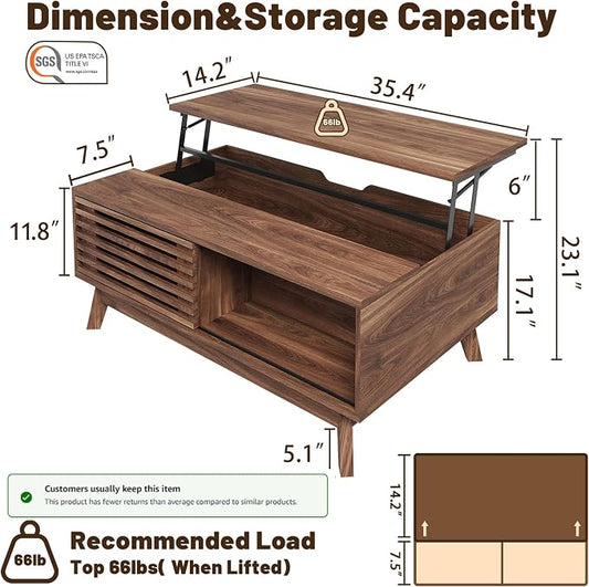 HAIOOU Lift Top Coffee Table, Mid Century Modern Coffee Table with Storage for Living Room, 35.4'' Walnut Coffee Tables with Sliding Fence Door (Brown)