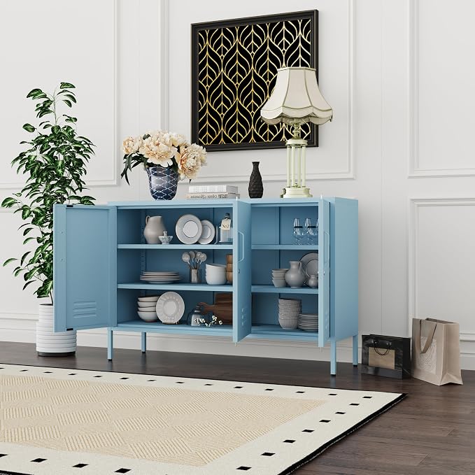 32" Blue 3 Door Lockable Metal Cabinet, Freestanding Heavy Duty Storage Locker with Adjustable Shelves for Home Office Kitchen Living Room