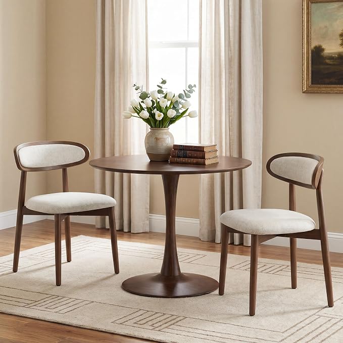 Wooden Dining Chairs Set of 2, Modern Fabric Upholstered Dining Room Chair, Kitchen Side Chairs, Farmhouse Dinner Chair with Curved Back for Kitchen, Beige