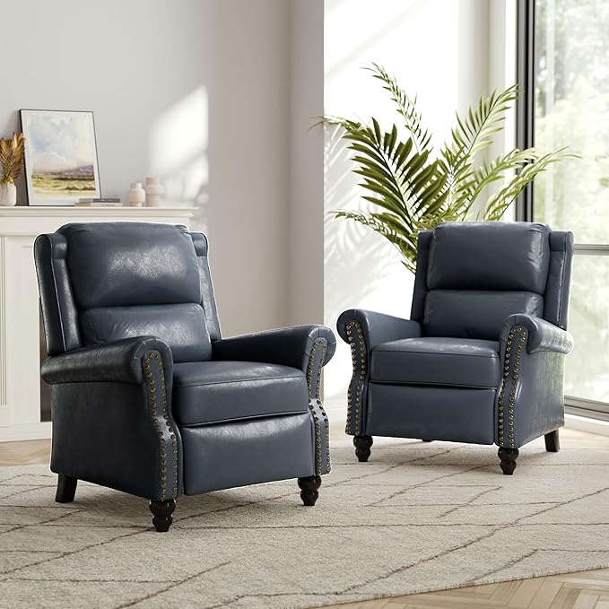 Faux Leather Recliner Chair Set of 1, Modern Pushback Armchair with Adjustable Backrest & Footrest for Bedroom, Living Room -Dark Blue