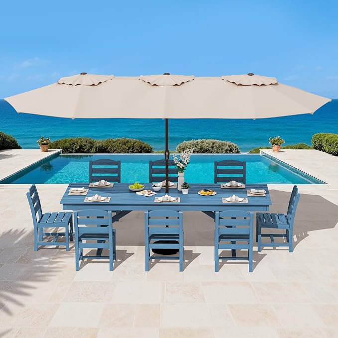 SERWALL 9 Piece 84" HDPE Outdoor Dining Set for 8 with Armless Chairs and Umbrelle Hole, Blue