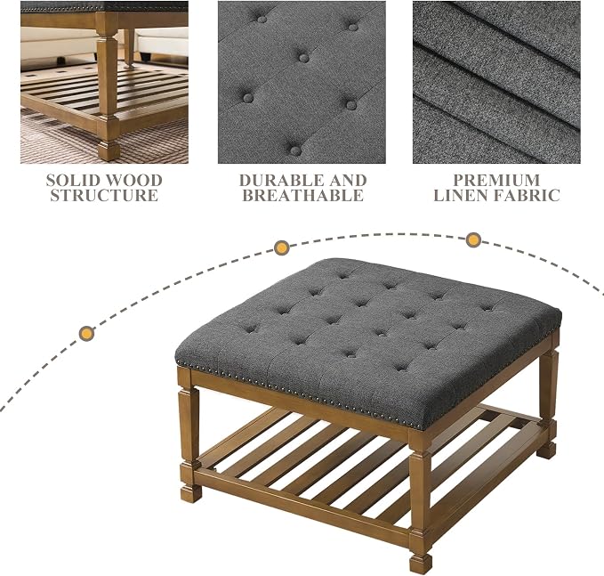 Befurtori Large Square Ottoman Coffee Table, Linen Solid Upholstered Footrest Ottoman with Solid Wood Shelf Storage Tufted Coffee Table for Bedroom Living Room-Dark Gray