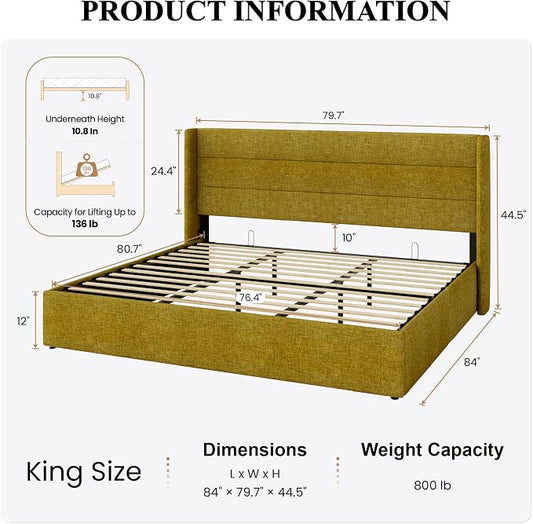 SHA CERLIN King Size Lift Up Storage Bed/Modern Wingback Headboard/Upholstered Platform Bed Frame/Hydraulic Storage/No Box Spring Needed/Wood Slats Support/Olive Yellow