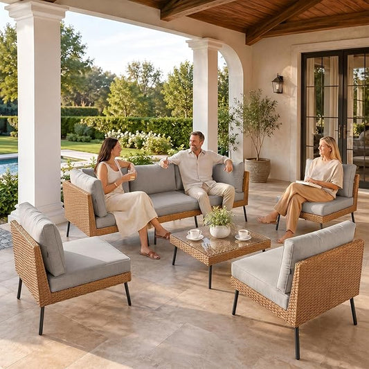 Aoxun 7-Piece Patio Furniture Set, Wicker Outdoor Furniture with Water Resistant Thick Cushions, Patio Conversation Set Outdoor Sectional Sofa with Coffee Table for Backyard Poolside, Light Grey