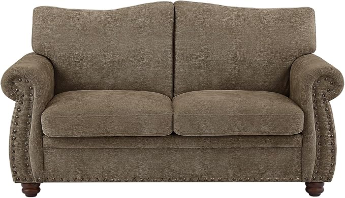 ONBRILL Nailhead Sofa, 66 Inch Small Couch with Rolled Arms, Chenille Fabric Loveseat w/Springs Seat Cushion, Vintage Curved Back, Turned Wood Legs, Comfy Couch for Living Room, Farmhouse, Brown