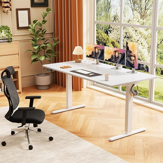 Sweetcrispy Electric Standing Desk Adjustable Height, 55x24 Inch Sit Stand Up Home Office Desks Computer Workstation PC Work Table with 3 Memory Preset Splice Wood Board Metal Frame, White