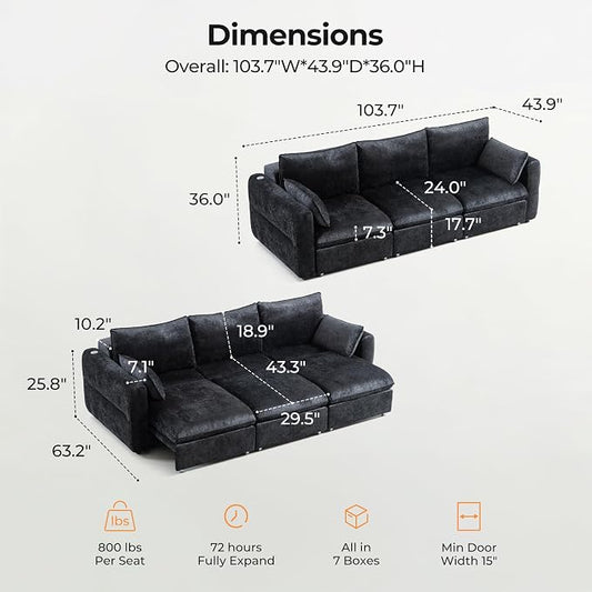 103" Electric Pull Out Sleeper Sofa Bed, 2in1 Convertible Power Extendable Couch Bed with Fast Charging USB&3 Smart Motor&Wide Back, Oversized Couches for Living Room&Small Space, Velvet Dark Grey