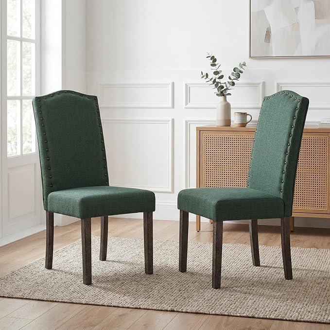 LSSBOUGHT Dining Chairs Set of 2, Upholstered Parsons Dining Room Chairs Fabric Kitchen Chairs with Solid Wood Frame and Nailhead Trim(Green, 2PCS)