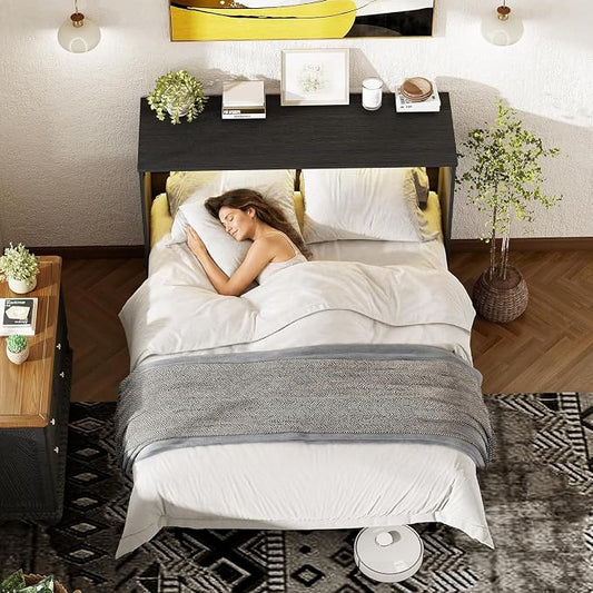 Ihanherry Farmhouse Queen Murphy Bed with Storage Drawer,Cabinet Bed with LED Lights & Charging Station, Space Saving Wall Bed for Small Bedroom/Home Office, Noise Free & Easy Assembly, Black