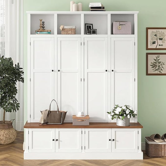 Hall Tree with Bench and Shoe Storage,Shoe and Coat Rack with Drawer and Hooks,Farmhouse Furniture for Entryway,Mudroom,Living Room,Black (White, 59" W)