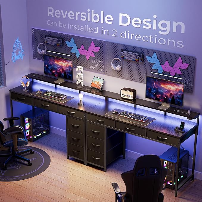 Huuger Gaming Desk with 6 Drawers, Computer Desk with LED Lights Power Outlets and Type-C, 47 Inch Office Desk with Storage, Monitor Stand, Writing Desk Work Desk Home Office, Bedroom, Black