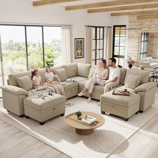 Ihanherry 108" Modular Sectional Sofa with Pull Out Bed, 9-Seater U Shaped Sectional Sleeper Couch with Storage, Chenille Convertible Couches for Living Room, Apartment (Sand)