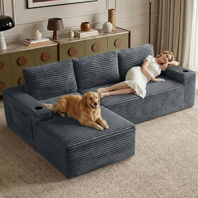 104" Cloud Sectional Couch L-Shaped with Side Pockets Cup Holders, Corduroy Boneless Couch for Living Room,Upholstered Deep-Seat Modular Sectional Sofa, No Assembly Required (Grey,Left Facing Chaise)