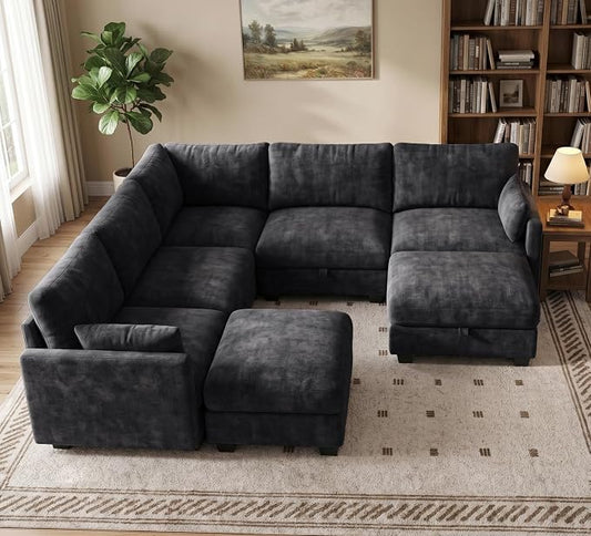 Modular Sectional V Shaped Sofa Couches for Living Room, Cloud Couch with Storage Ottoman, Comfy Chenille Sofa with Pillow, Black