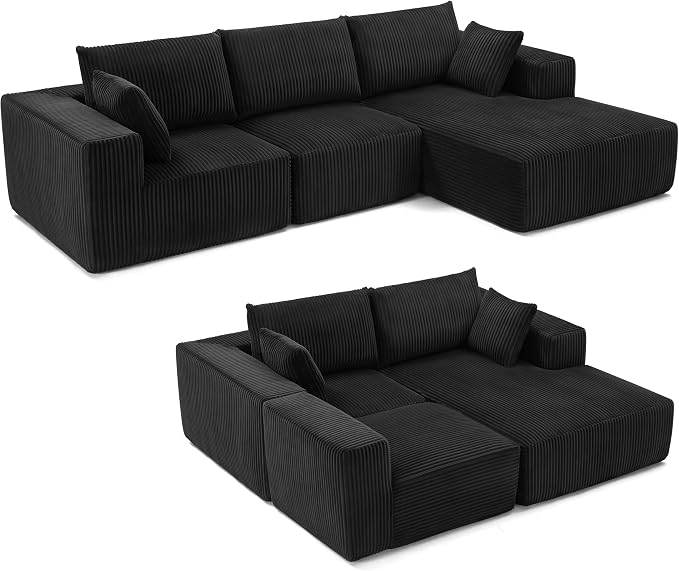 108” Modular Sectional Sofa, Cloud Sectional Couch with Deep Seat, Modern Modular L-Shape Sofa Couch with Chaise,Upholstered Boneless Couches for Living Room Bedroom (Black, Right Facing Chaise)
