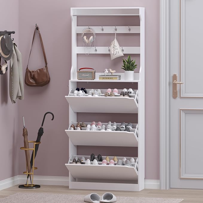 BORNOON Shoe Cabinet with 3 Flip Drawers & Coat Rack, Narrow Hidden Shoe Storage Cabinet, 2-in-1 Hall Tree Slim Freestanding Shoe Rack Organizer for Entryway, Hallway, and Living Room