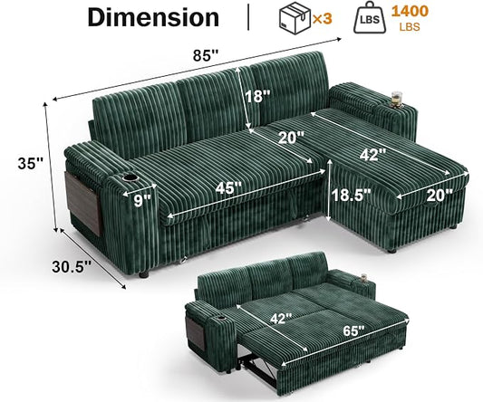 WEUP 86" Modular Sectional Sleeper Sofa with Pull Out Bed, 3 Seat Plush Corduroy L Shaped Couch with Storage Chaise|USB Ports|Cup Holders|Side Table|Storage Armrests, Tool Free Assembly, Green