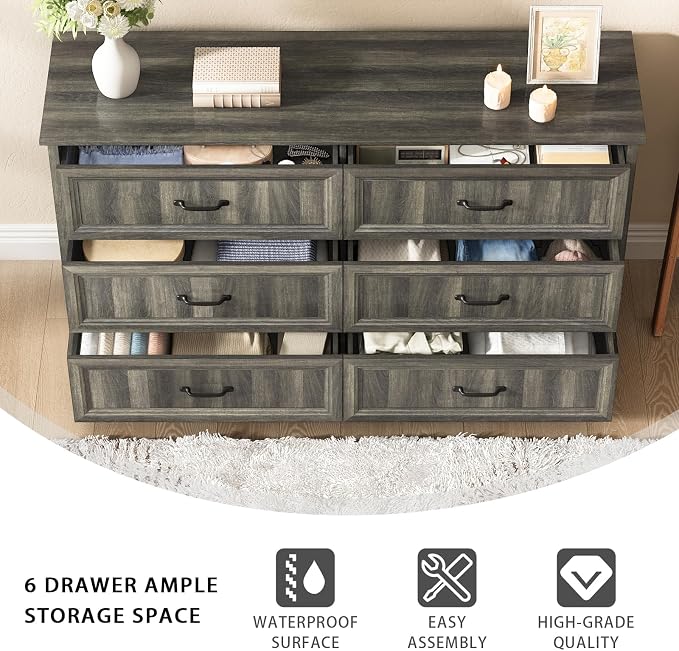 CARPETNAL Farmhouse Dresser and Nightstand Sets for Bedroom, 3 Pcs Bedroom Set, 6 Drawer Dresser & Nightstand Set of 2, Modern Wood Chest of Drawers for Bedroom, Living Room, Entryway, Grey