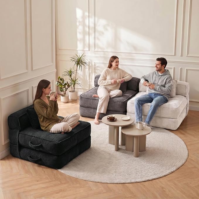 Folding Sofa Bed, Convertible Sleeper Chair with Pillow Foldable Mattress with Back Support, Portable Fold Out Chair Bed Comfy Floor Couch Lounge for Living Room Bedroom Apartment Single