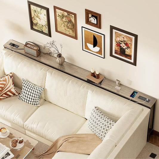 SUPERJARE 110.2 Inch Sofa Table with Power Outlets and USB-C Ports, 5.9 Inch Narrow Console Tables, Entryway Hallway Couch Tables with Storage, Behind Sofa, Small Spaces, Living Room, Oak