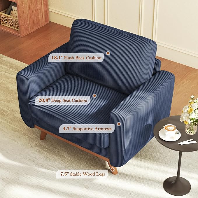 Vesgantti 38.5" Accent Chair Dark Blue, Comfy Corduroy Single Sofa Seat with Spring Cushion, Upholstered Armchair with Deep Seat, Reading Chair for Adults, Modern Sofa for Living Room, Bedroom