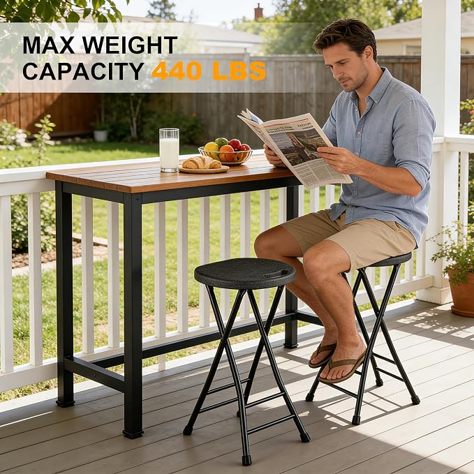 24 Inch Folding Stool, Portable Folding Stool with Handle & Non-Slip Feet, Sturdy 440lbs Capacity Folding Bar Stool for Kitchen, Camping, Fishing, Black