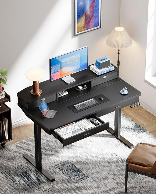 HUANUO 55 x 30 inch Electric Standing Desk with 2 Wood Drawers, Adjustable Height Sit Stand Desk for Home Office, Ergonomic Stand up Desk with 4 Memory Presets, 176 lbs Capacity, Black Top