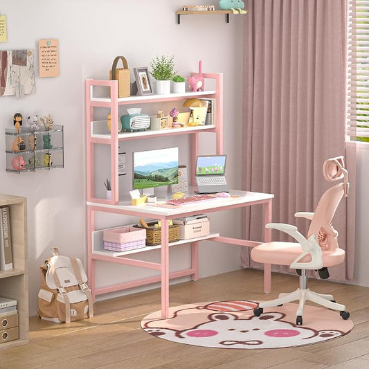 Aquzee Pink Girls Desk Hutch, 47in Woman Computer Desk with Bookshelf & Storage Shelves, Space Saving Girls Writing Study Craft Table for Bedroom Kids Room, White Wood & Pink Iron Home Office Desks