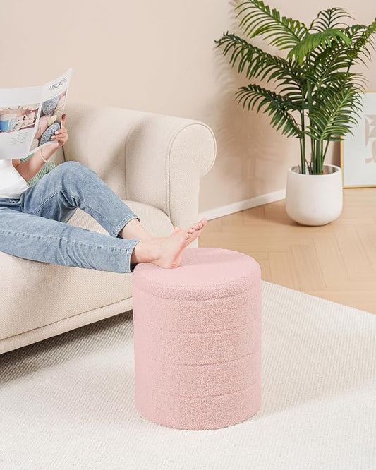 B FSOBEIIALEO Ottoman with Stroage, Round Sherpa Storage Ottoman Stool, Boucle Foot Rest 14.6"x14.6"x17.7"(Pink