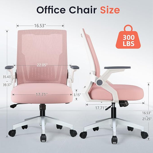 GTPLAYER Ergonomic Office Chair with Flip-up Armrests Executive Computer Chair for Home Office, Breathable Mesh & Comfy Lumbar Support, Pink