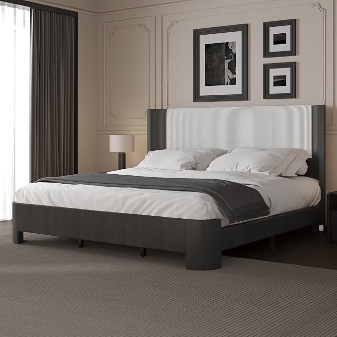 King Size Upholstered Platform Bed Frame with Wingback Headboard, Motion-Sensing LED Lights, Sturdy Slats, Mattress-Lock Footboard, PU Leather,No Box Spring Needed, Easy Assembly, Dark Grey Oak