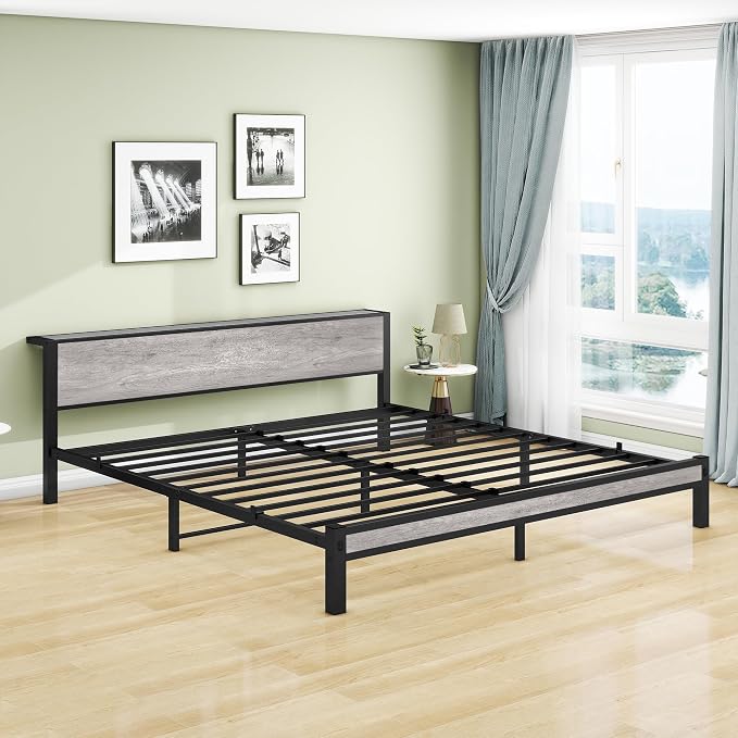 DUMEE King Bed Frame with Wood Storage Headboard, Metal Platform Bed Frames King Size, No Box Spring Needed, Noise Free, Black & Grey