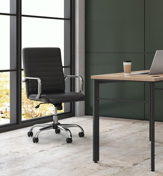 HON Sadie Executive Ergonomic Office Chair with Leather Upholstery, Chrome Arms and Back Support, Mid Back Desk and Computer Chair for Home Office or Conference Room, 360 Swivel, Black