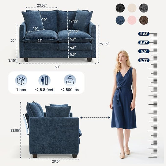 Loveseat Sofa Couch, Small Mini Compact 50" Love Seat 27" Deep Cloud Sofa Seat Washable Chenille Pillow for Apartment Bedroom Dorm Attic Studio Office Living Room Small Space 8833-BLUE
