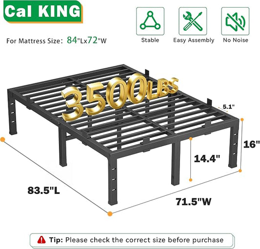 16 Inch Cal King Bed Frames, Heavy Duty Metal California Platform 3500 lbs Capacity, No Box Spring Needed, 6 Mattress Slide Stopper, Headboard Holes, Noise-Free, Easy Assembly