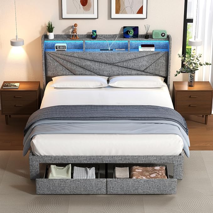 Queen Bed Frame with Storage Headboard, Upholstered Queen Size Bed Frame with LED Lights, USB Charging Station & 2 Storage Drawers, No Box Spring Needed, Light Grey