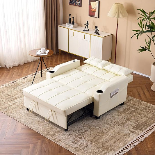 VINGLI Beige Loveseat Sleeper Sofa, Convertible Futon Sofa Bed Pullout Couch Bed with USB Ports, Cup Holders, Armrest for Living Room, Bedroom, Home Office Apartment