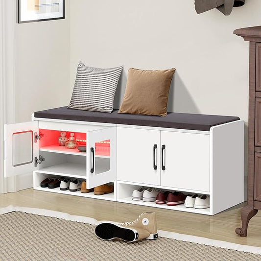 Shoe Bench with Thickened Cushion,Entrance Bench with Glass Door and Ambient Light,Three-Layer Shoe Rack,Color Changing Light Strip, Two Large Storage Spaces,Living Room,Bedroom,White